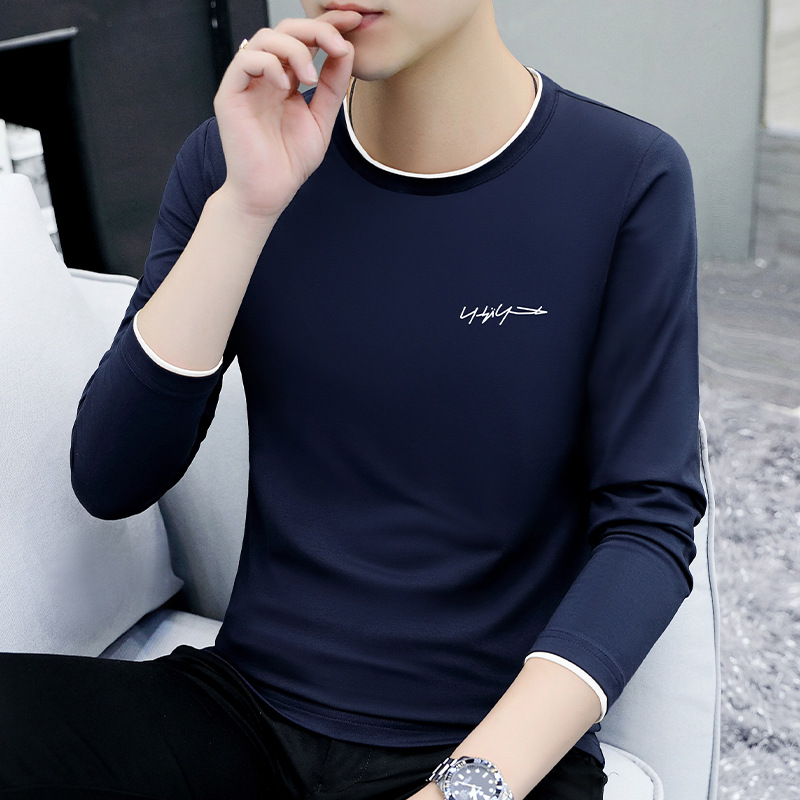 Long Sleeve Round Neck Men's T-shirt Men's Spring and Autumn Wear Casual Bottoming Shirt Stretch Slim Men's Clothes Tops T-Shirt Wholesale