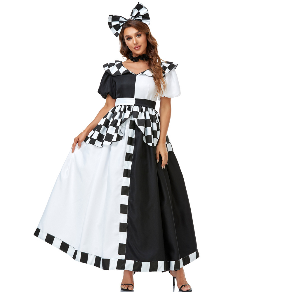 万圣节黑白格子爱丽丝时钟舞台演出服装 cosplay马戏团小丑蓬蓬裙