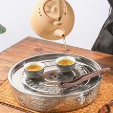 储水式茶盘加厚圆形不锈钢家用茶台圆盘便携式双层过滤水盘茶具
