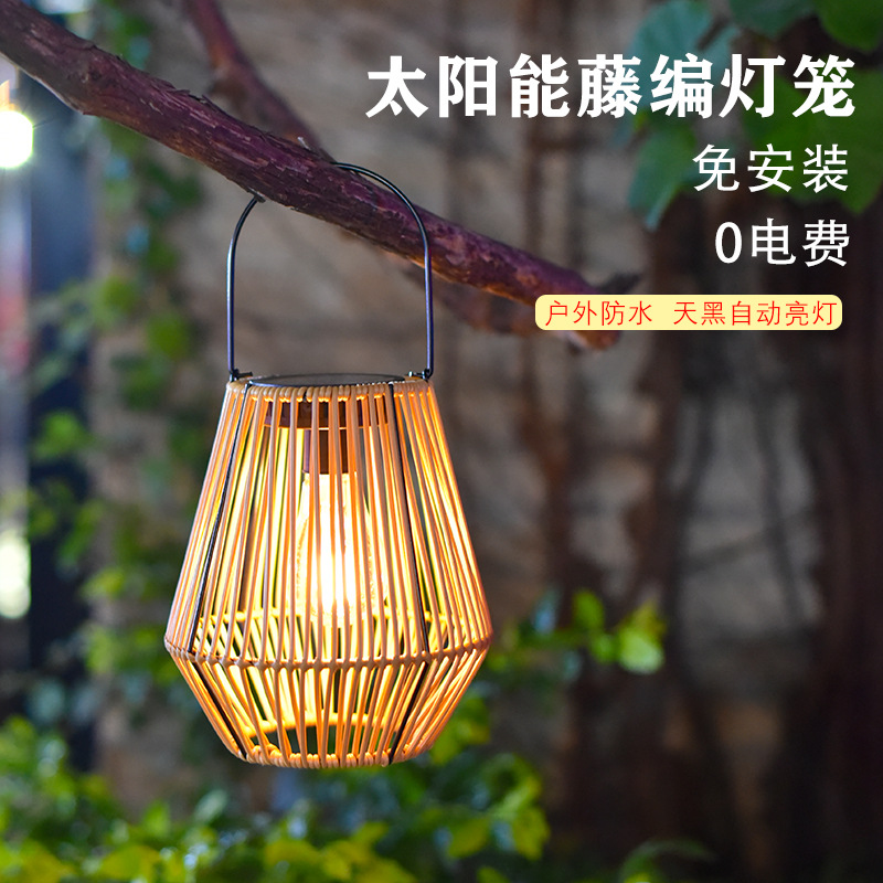 Outdoor Solar Garden Lamp Rattan Bamboo Lantern Chinese Retro Hanging Lamp Balcony Decoration Lamps Small Night Lamp