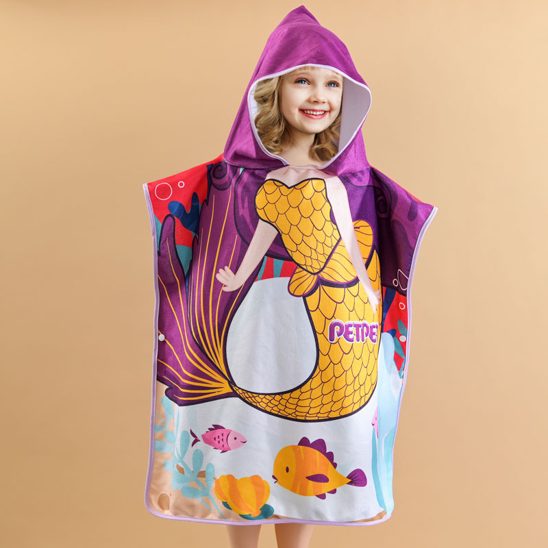 Children's Bath Towel Cape Polyester Cotton One Side Polyester One Side Cotton Boys and Girls Cartoon Printed Pattern Easy Absorbent Wearable Bathrobe