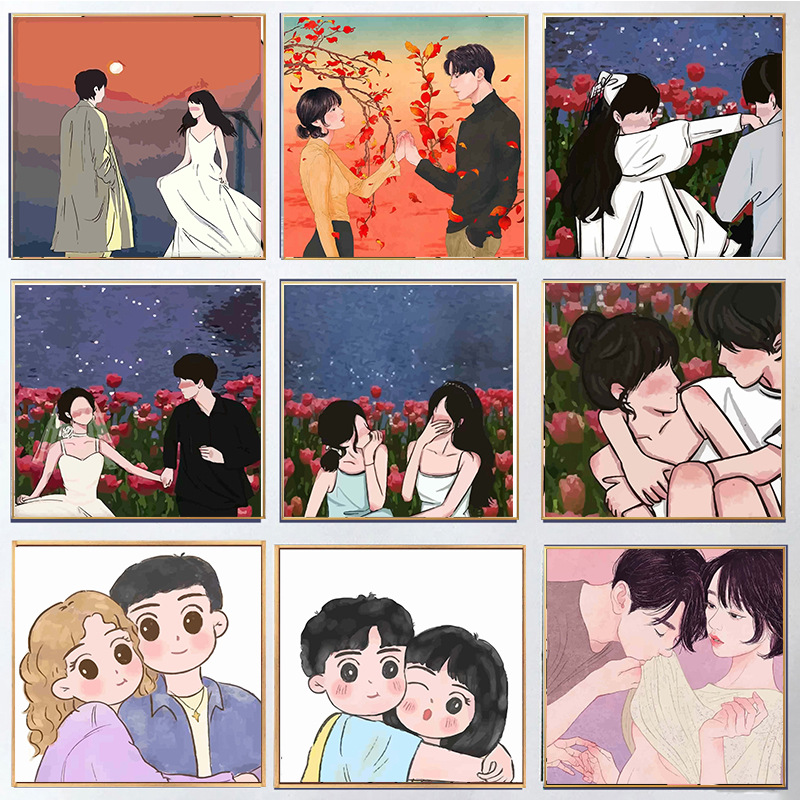 情人节礼物批发diy数字油画手绘减压治愈贴画情侣头像客厅装饰画