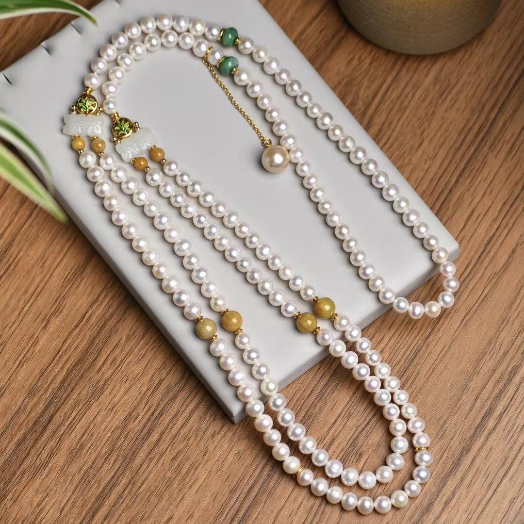 National Style Retro Style Rich Auspicious Natural Freshwater Pearl Sweater Chain Jade Duobao Autumn and Winter Long Necklace Wholesale