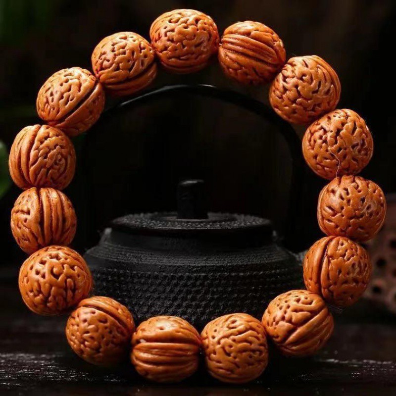 精品秦岭野生脑纹桃核手串原籽小柳叶脐正圆佛珠文玩桃木手链男