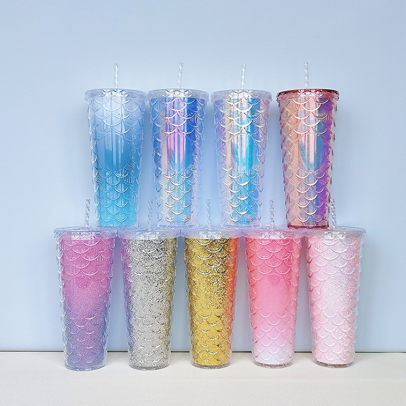 Cross-Border Hot Scale Cup Studded Double-Layer Plastic Cup Durian Cup Diamond Cup Cup with Straw 710ml Water Cup