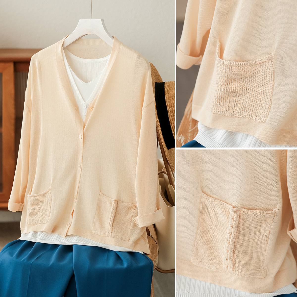 小耳出品【温柔如水】纯色亚麻针织开衫 纯色v领口袋防晒空调衫女
