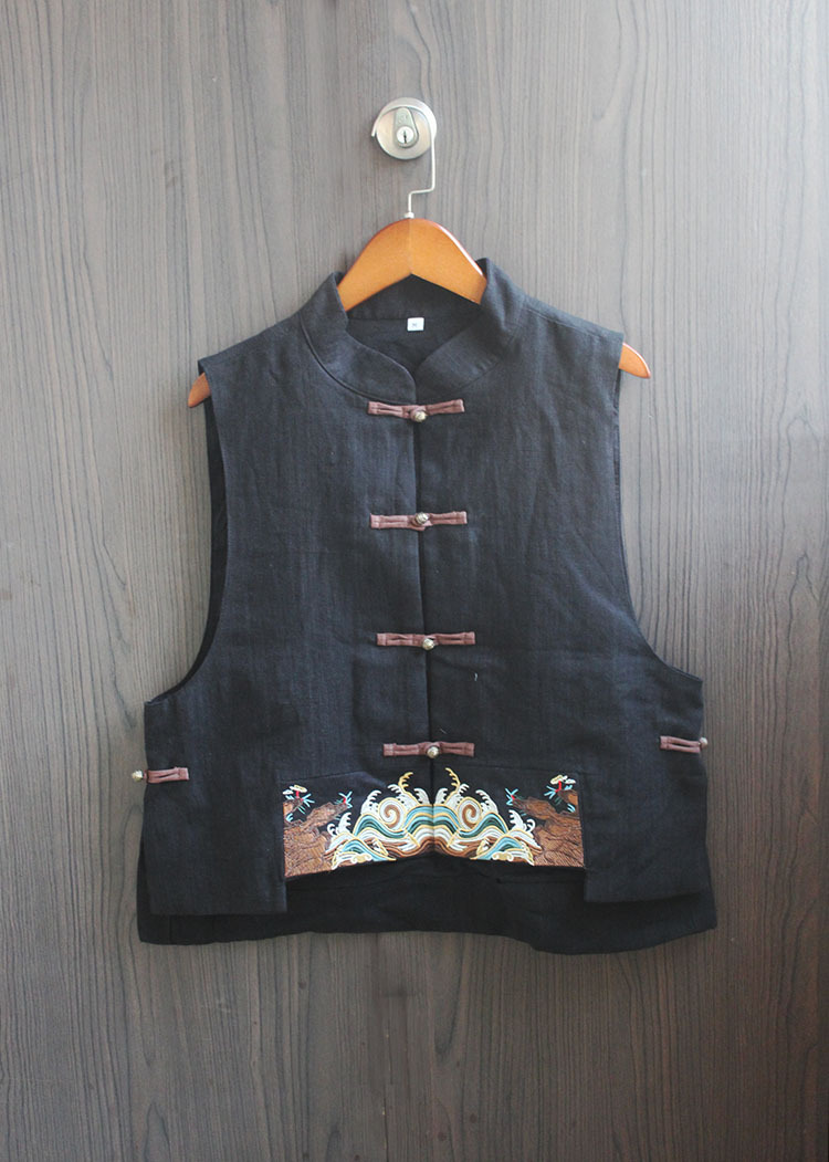 秋冬新款复古国风刺绣宽松短马夹亚麻中式盘扣马甲