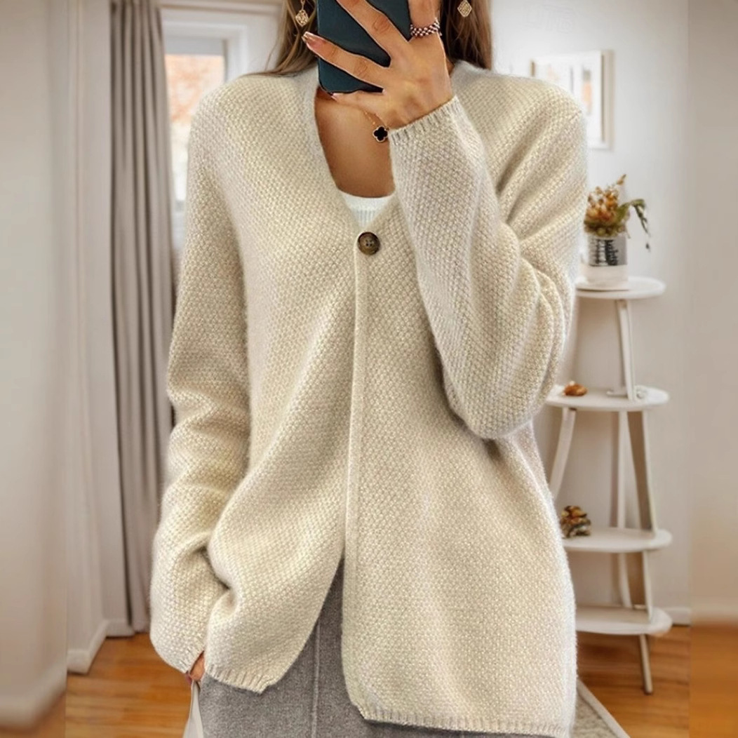 女装2025秋冬新款v领纯色长袖针织开衫女简约一粒扣毛衣外套