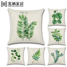 跨境新款绿色叶子热带植物主题抱枕套靠垫套亚麻印花家居亚马逊