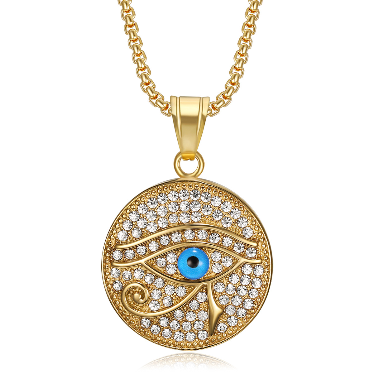 Europe and America Cross Border New Hip Hop Hiphop Ornament Titanium Steel Gold Plated Rhinestone Horus Eye Pendant Necklace