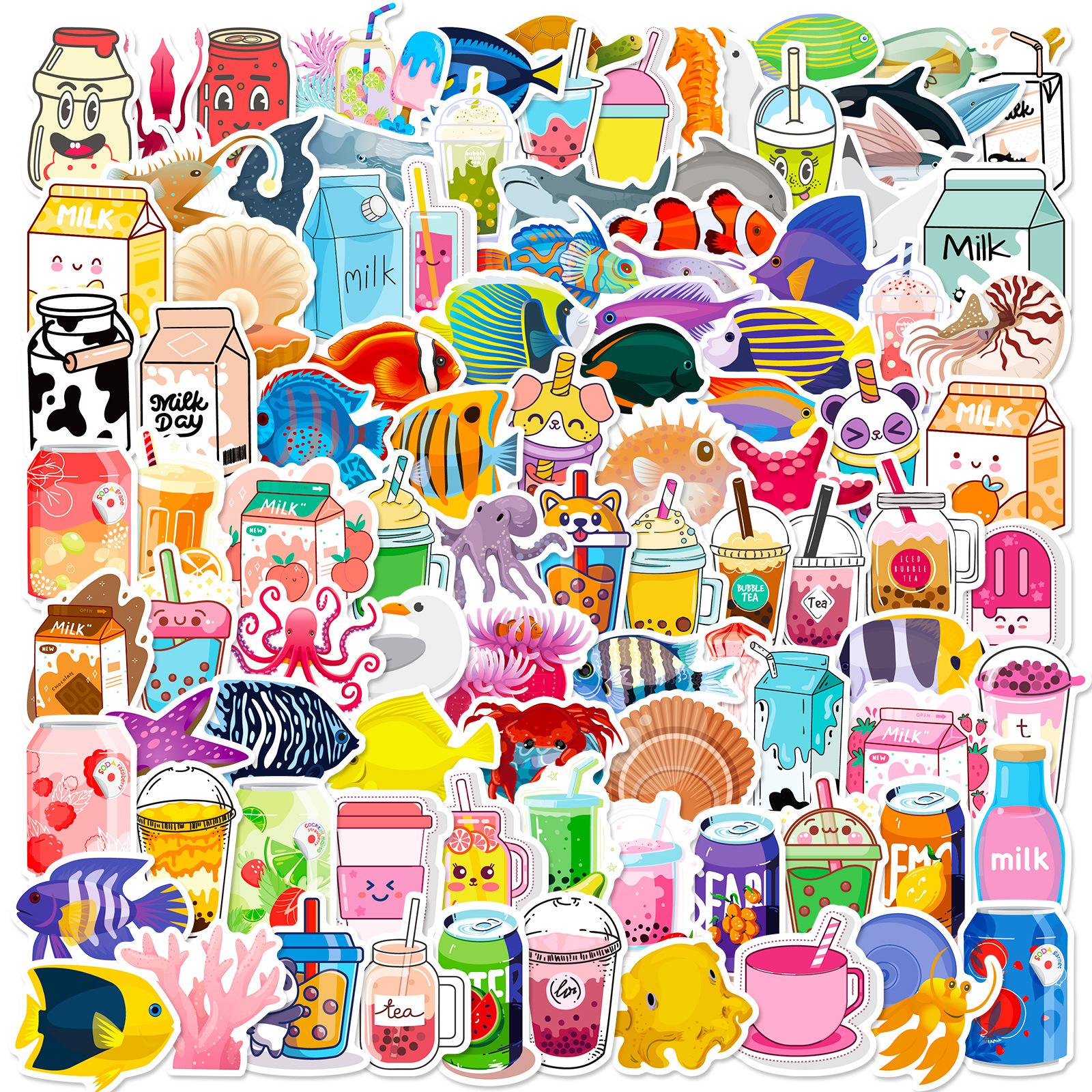 100张小尺寸4cm卡通小清新饮料瓶diy贴纸ins风高颜值元气奶茶贴纸