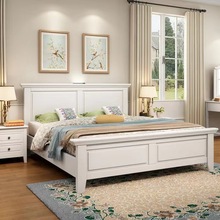美式实木床现代简约白色双人床轻奢主卧1米8大床2米2橡胶木储物床