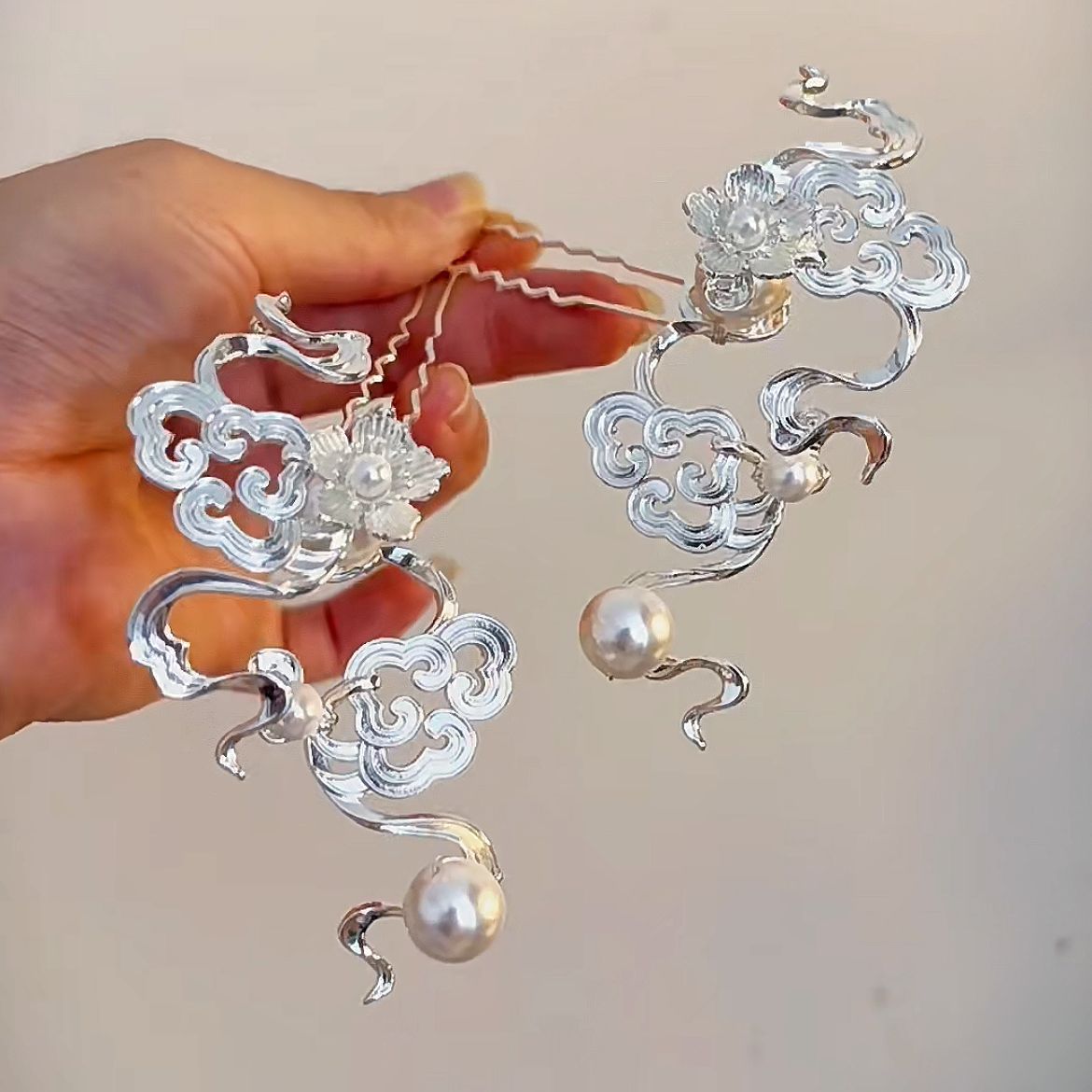 古风汉服点缀珍珠发钗层次感银色小钗发簪压鬓唐风古装发饰配饰