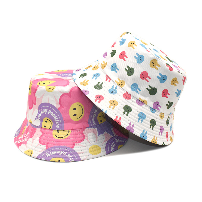 Summer Smiley Creative Cartoon Double-Sided Printing Bucket Hat Outdoor Beach Sun Hat Korean Style Sun-Proof Basin Hat Wholesale