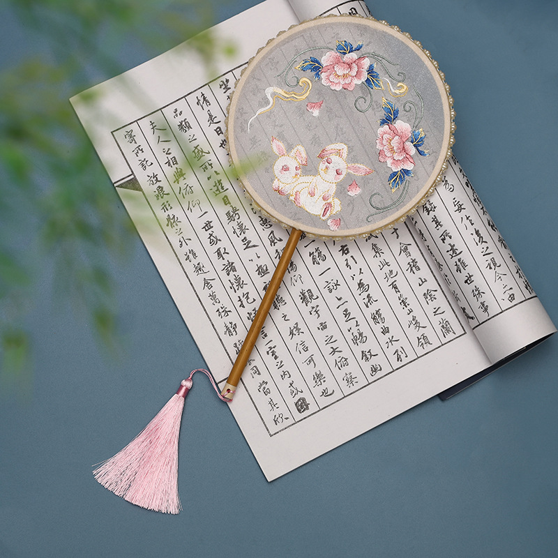 Factory Direct Sales Suzhou Embroidery Circular Fan Embroidery Jade Hare Koi round Fan Han Clothing Vintage Fan Mottled Bamboo Long Handle