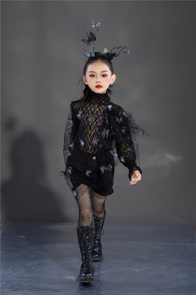 女童蕾丝蝴蝶网纱套装黑色潮服t台走秀个性设计童装摩卡服装-阿里巴巴