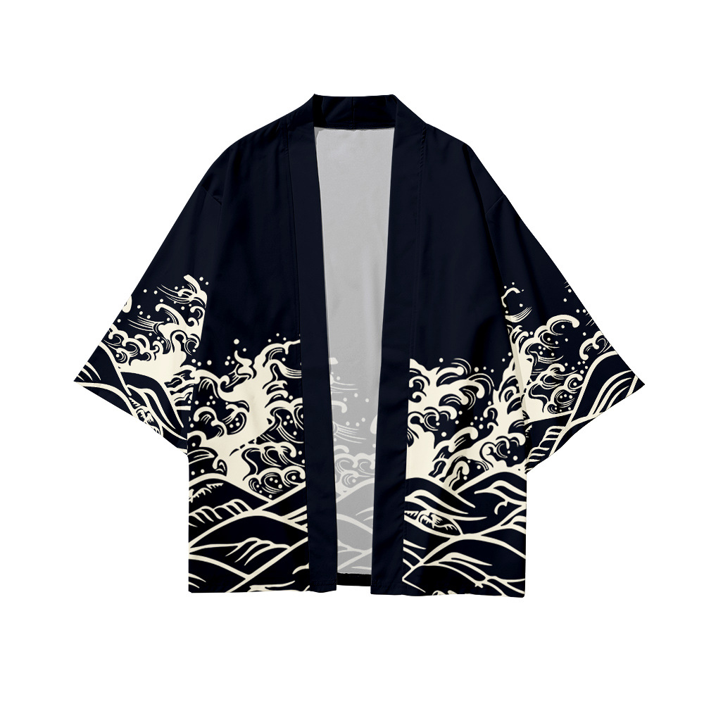 夏季羽织和服 波浪元素 3d数码印花七分衬衫道袍开衫宽松男