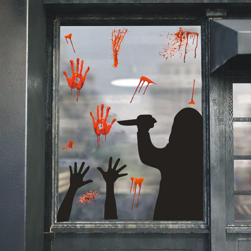 亚马逊万圣节贴纸 创意血手印黑影搞怪客厅窗贴pvc玻璃门自粘墙贴
