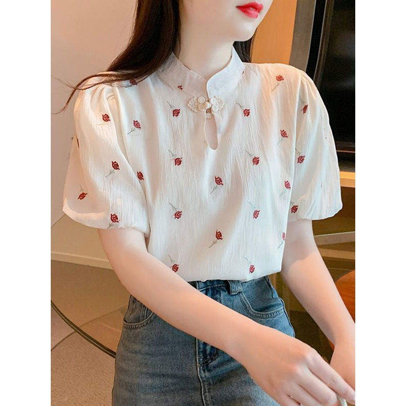 2024夏季新款法式立领短袖雪纺衫女夏款设计感泡泡袖上衣女士小衫