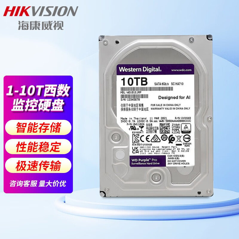 海康威视监控硬盘西数紫盘 西数10tb 标配-阿里巴巴
