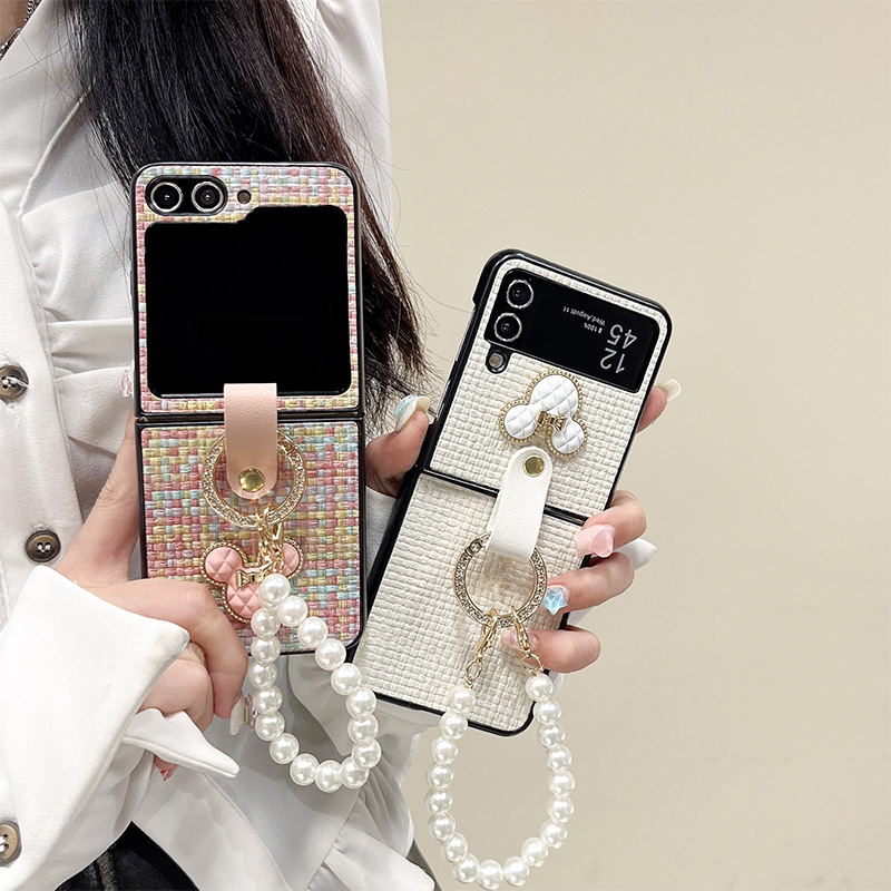 编织纹翻盖手机壳适用三星zflip5折叠屏珍珠手提链xflip水钻4指环