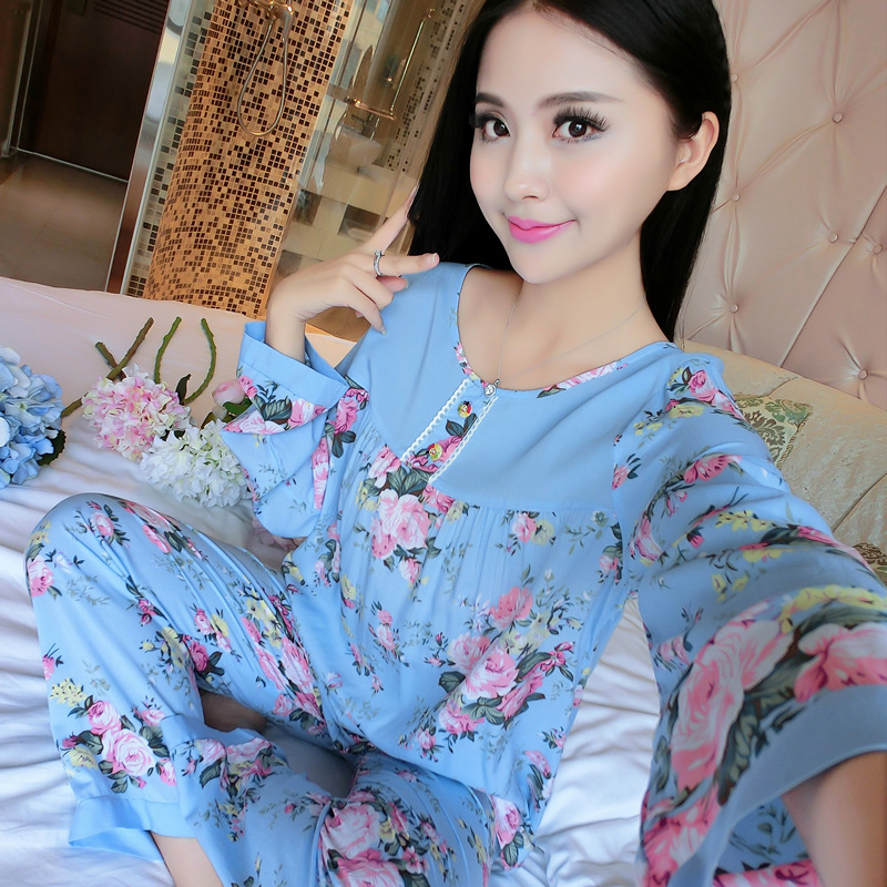 绵绸睡衣女 夏季薄款韩版长袖棉绸睡衣人造棉布家居服套装月子服
