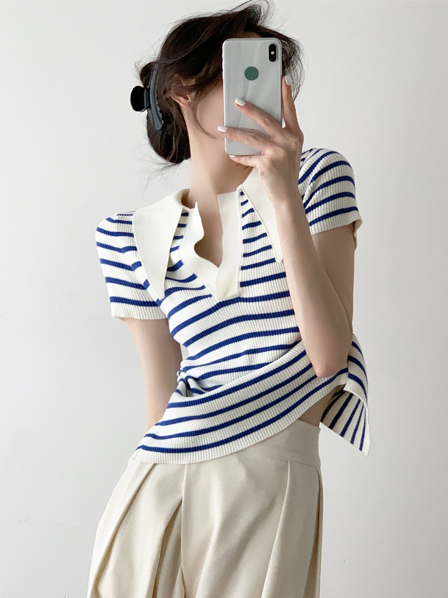 French Style Blue Striped T-shirt Women's Clothing 2023 Summer New Lace Backless Ice Silk Short Sleeve Top Fashion