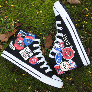 男高帮帆布鞋韩版潮鞋涂鸦车缝线布鞋男板鞋透气学生鞋子厚底休闲-阿