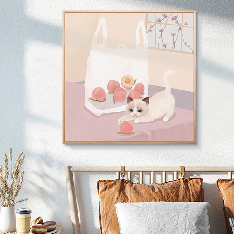 圣仕猫咪温馨卧室床头装饰画治愈系方形挂画北欧风格客厅餐厅壁画