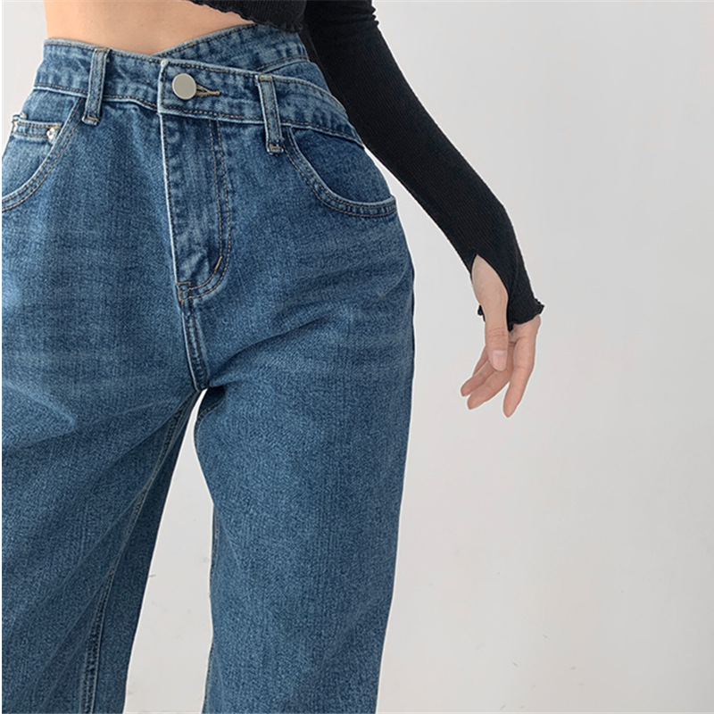   European and American Design Jeans Women's Fashionable Ins Autumn New High Waist oose Straight Slimming Drape Wide eg Mop Pants