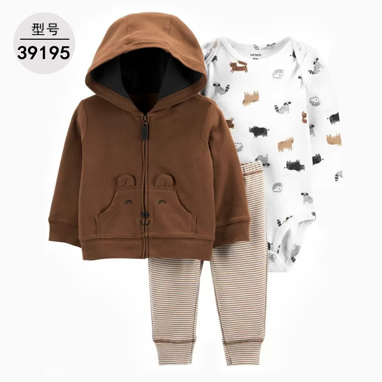 Spring and Autumn European and American Fashion Male and Female Baby Foreign Trade Hooded Long Sleeve Coat Onesie Three-Piece Suit One Piece Dropshipping