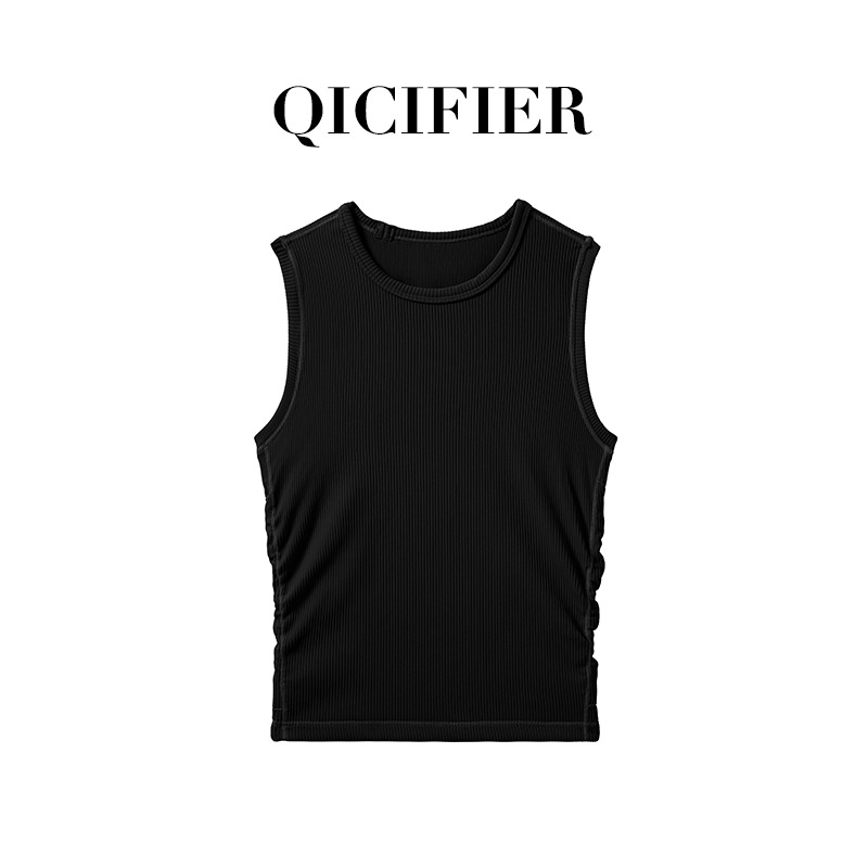 Qcfe Pleating Sports Fitness Short Sleeve Top Threaded Tight Thin and Breathable Nude Feel Fabric Yoga Clothes Vest for Women