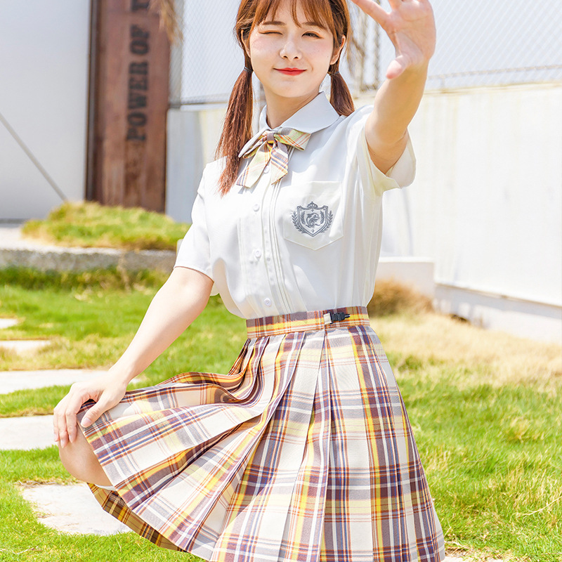 山吹jk制服实拍格裙白色衬衣现货掉落日系百褶裙学生短袖套装夏