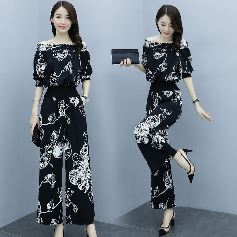 气质名媛减龄显瘦阔腿裤套装女装2021夏季新款雪纺碎花裙裤两件套
