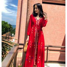 秋新款西藏青海湖旅游拍照衣服海边超仙民族风沙漠长裙红色连衣裙