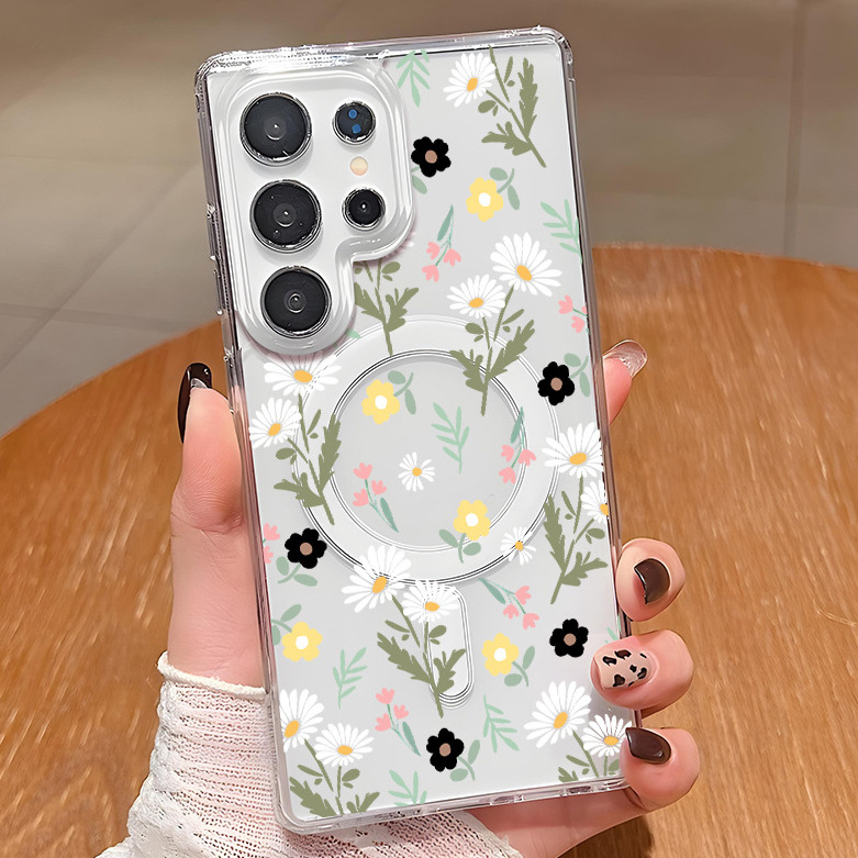TK爆款花卉透明磁吸壳文艺风S23ultra手机保护套创意S24亚克力硬