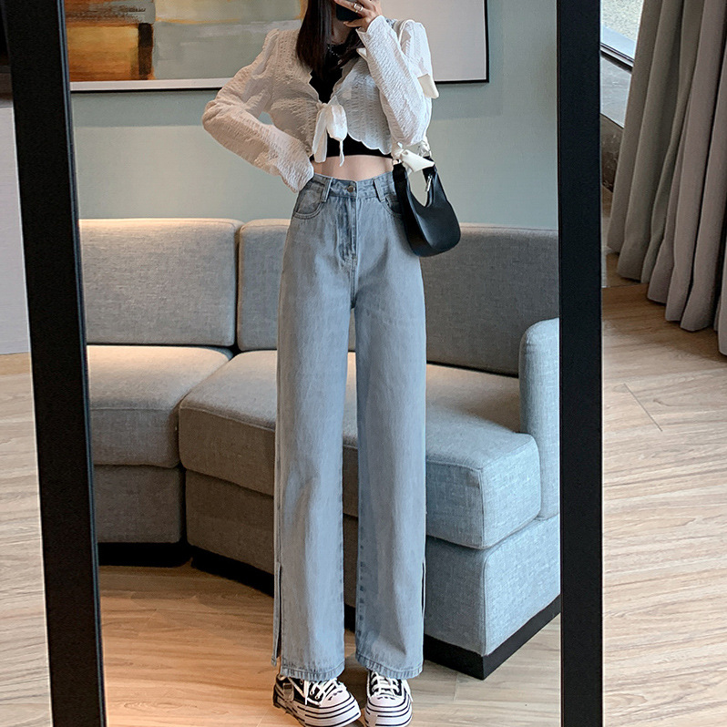   Side Slit Wide-eg Jeans Female Niche Autumn and Winter New oose Straight High Waist Slimming Draped Mop Trousers