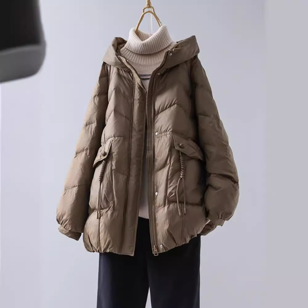 纯色白鸭绒羽绒服女2024冬季新款宽松连帽流苏保暖中长款加厚外套