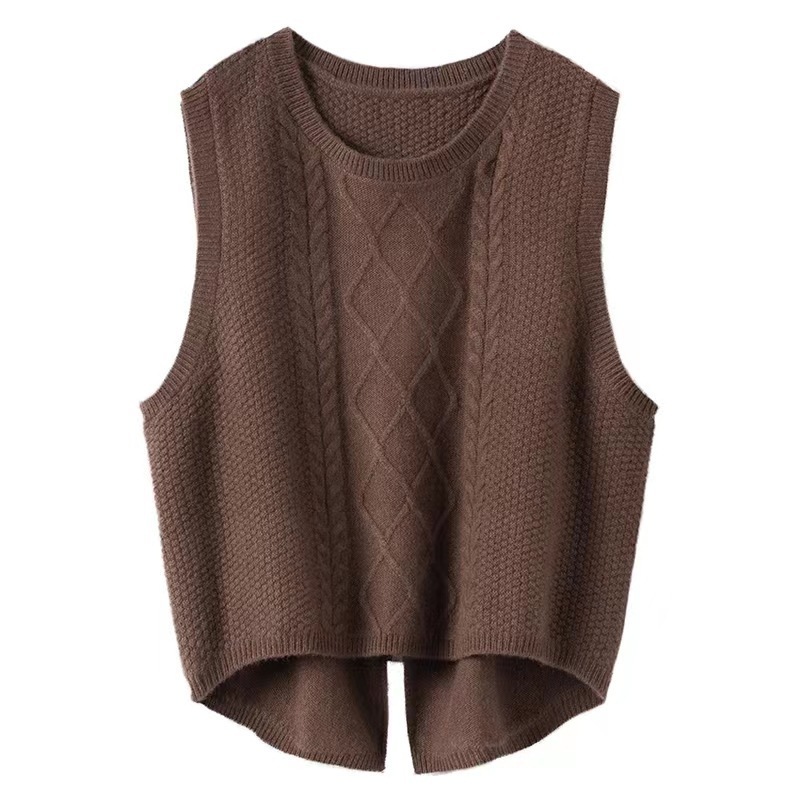 Thickened Short Front and Long Back New 23 Autumn and Winter Wool Vest Vest Women's Sleeveless Back Slit Knitted round Neck Bottoming Shirt