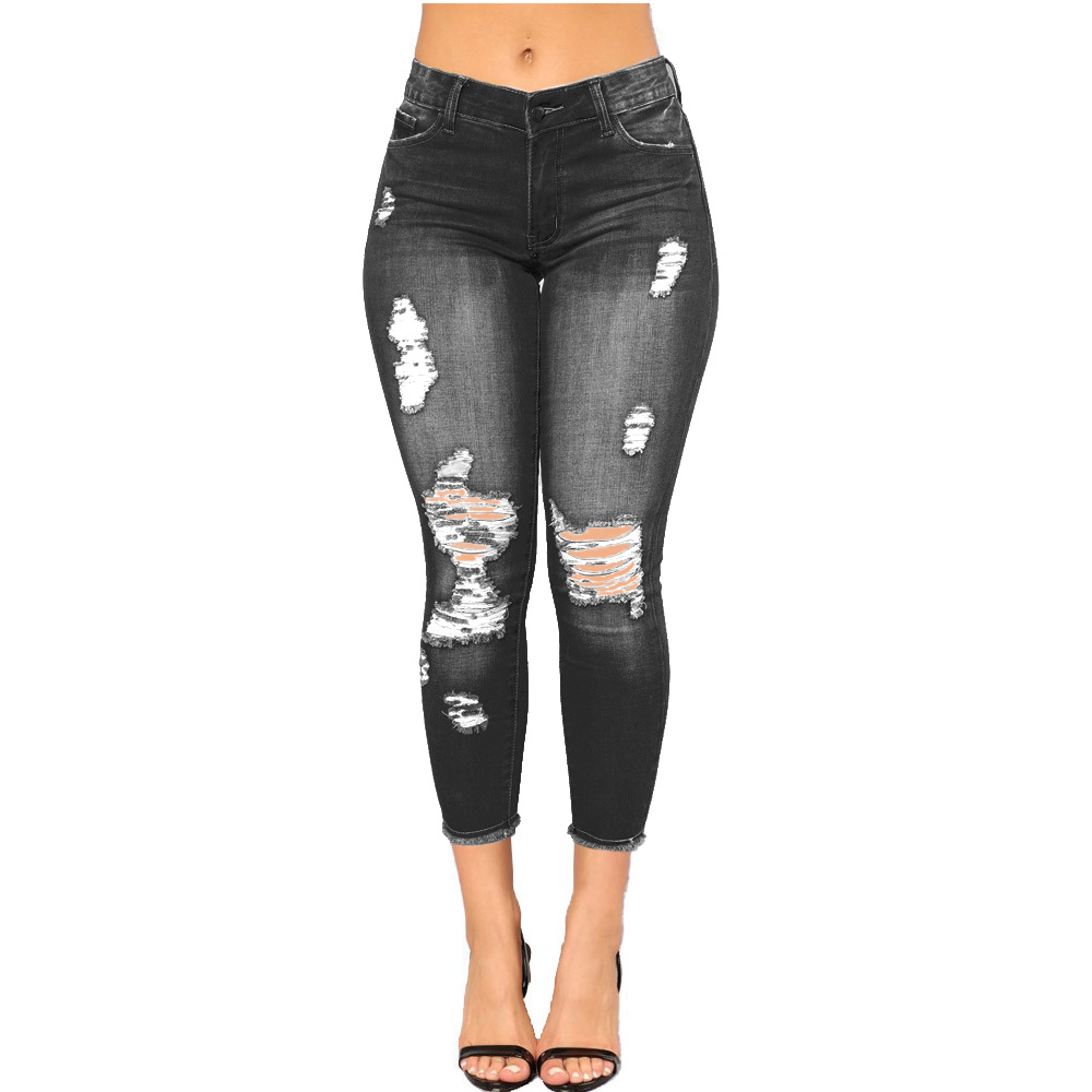 Foreign Trade Women's Clothing Amazon Factory High Elastic Cropped Ripped Women's Skinny Skinny Hip Raise Fashion Jeans