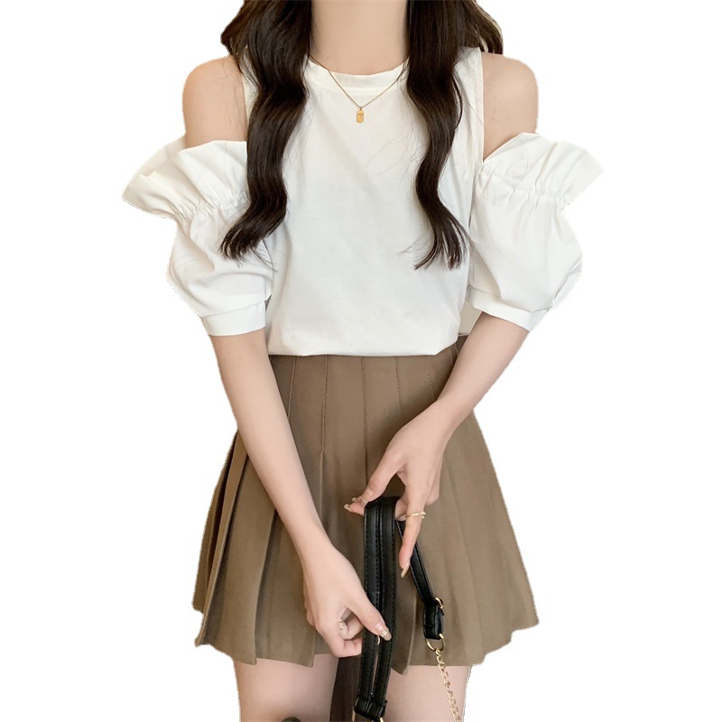 2023 Summer New Korean Style Short Sleeve T-shirt Women's off-Shoulder Fresh Sweet Ruffle Sleeve Casual Hong Kong Style Shirt