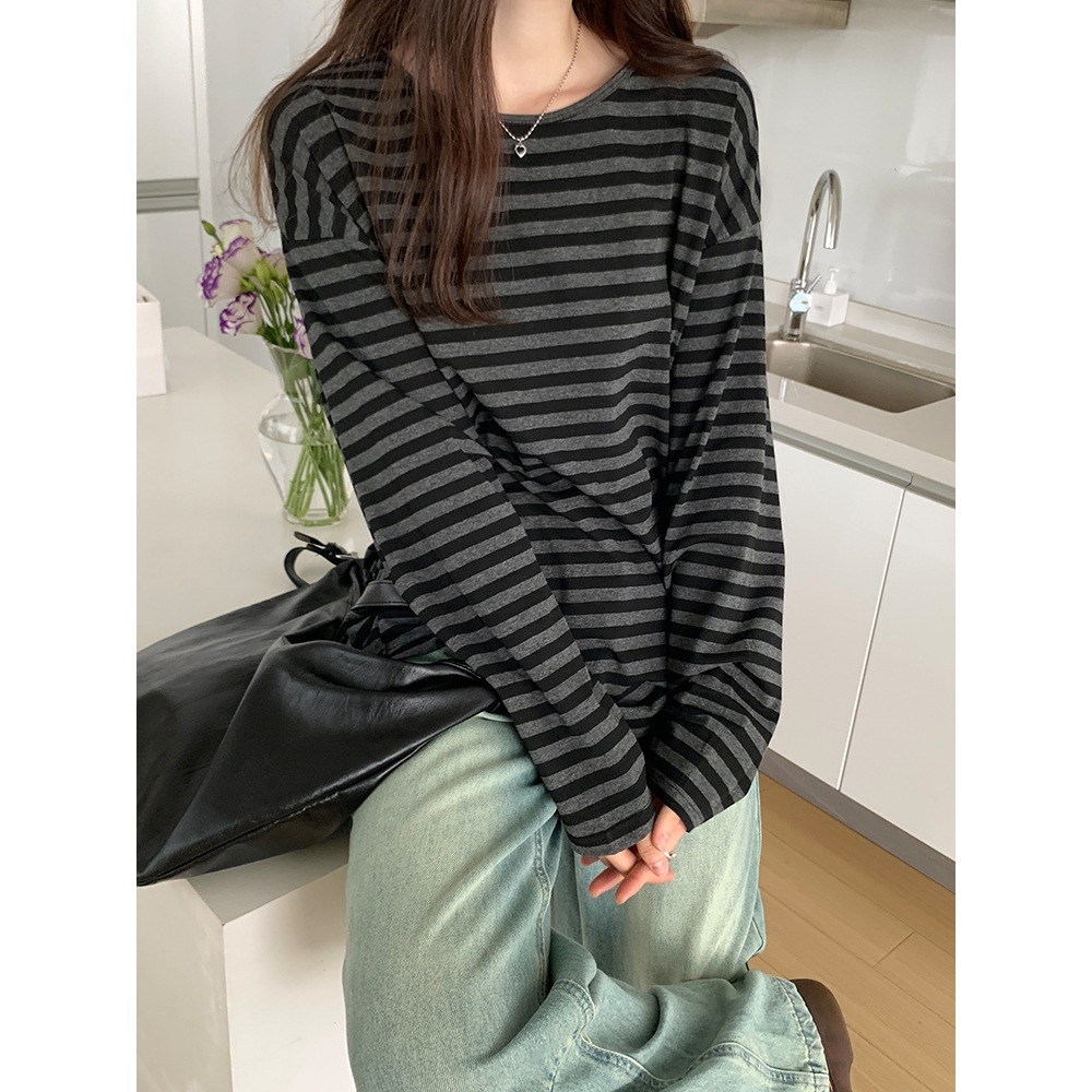 2025慵懒风chic春秋冬季美式条纹长袖t恤女宽松显瘦打底衫上衣服