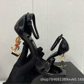 欧货网红同款一字带性感方头高级感字母超高跟性感细跟凉鞋女