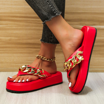 外贸夹脚罗马松糕厚底人字拖凉鞋平底休闲沙滩鞋链条女鞋大码女鞋