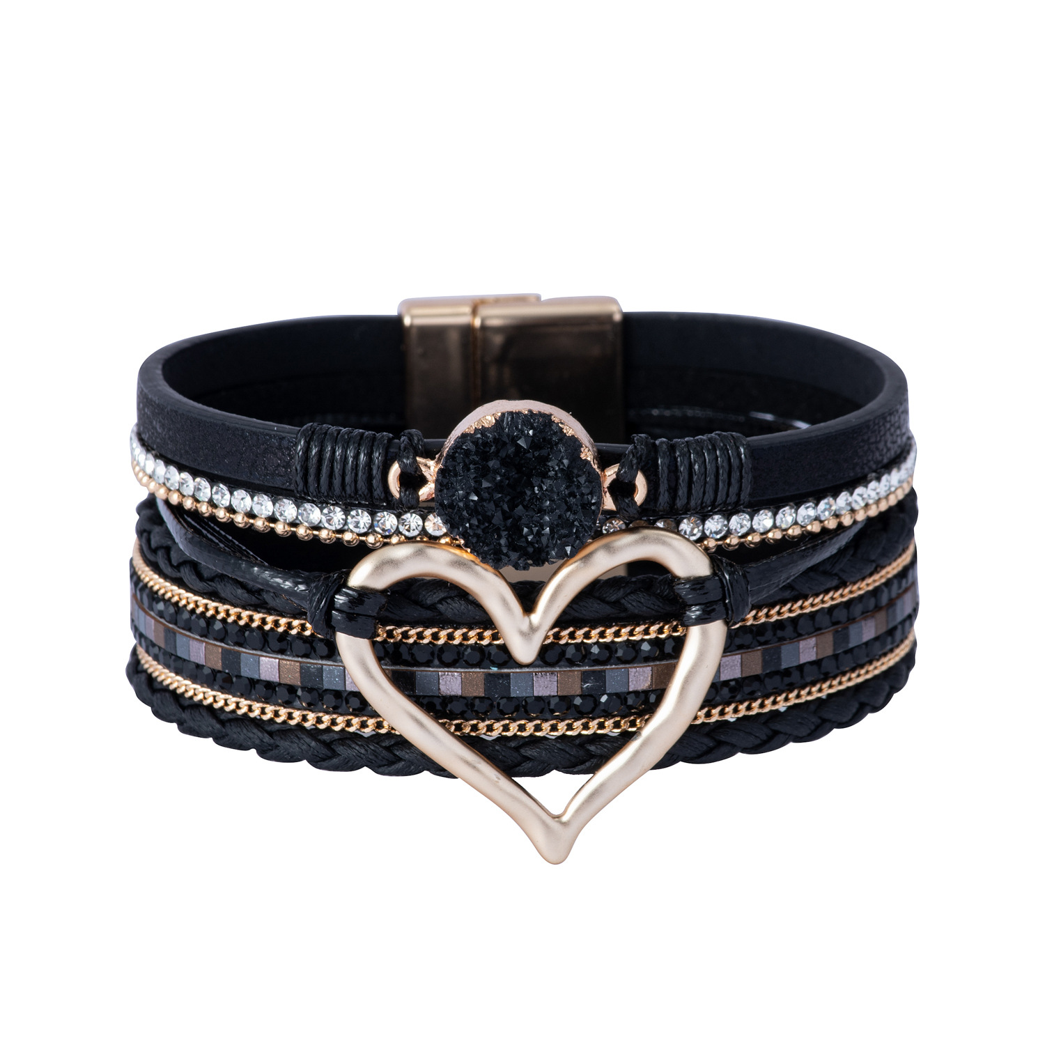 Europe and America Cross Border Foreign Trade Leather Cord Bracelet Bohemian Multi-Layer Bracelet Rough Stone Love Bracelet for Girls