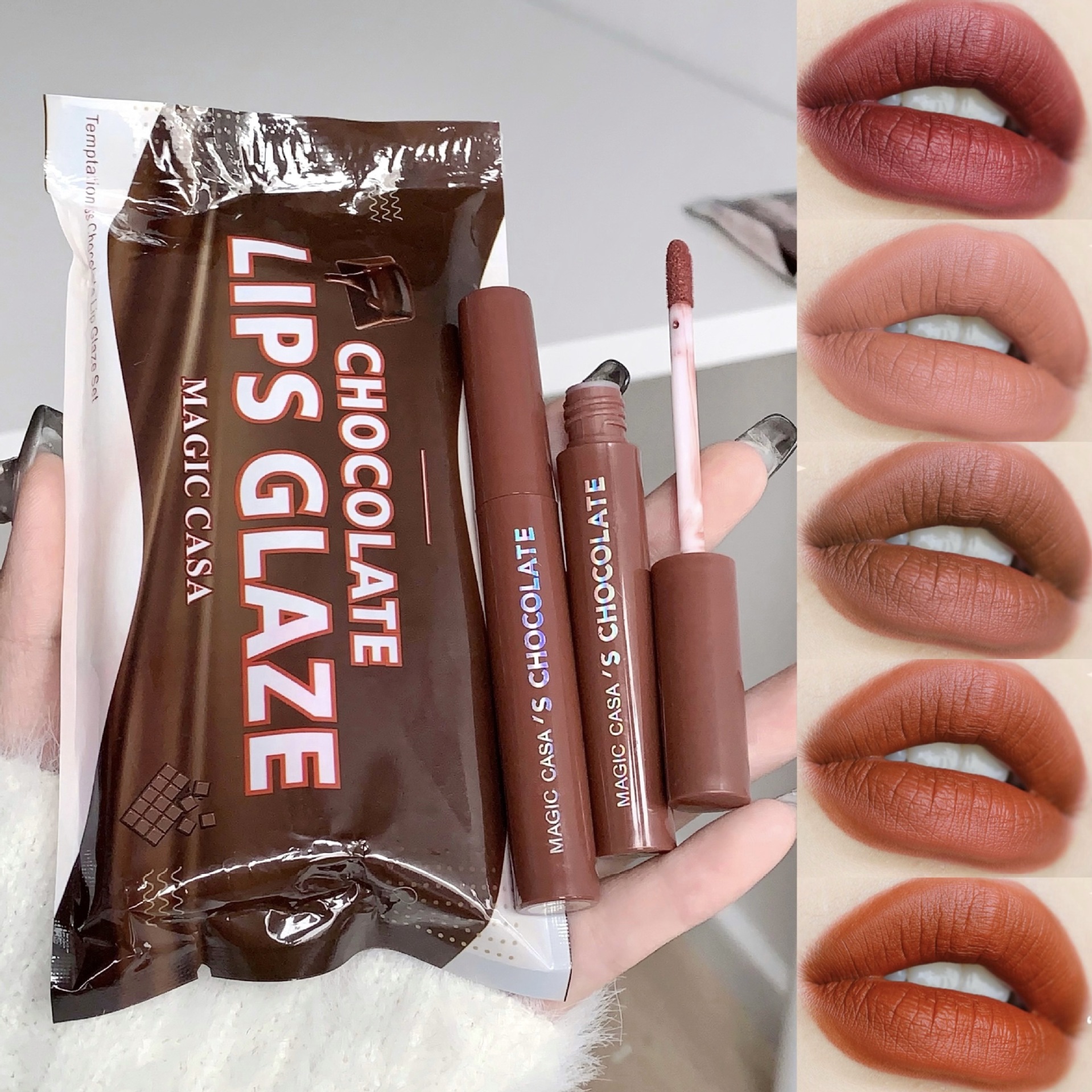 cross-border hot magic casa chocolate five pieces lip glaze set matte finish non-fading lipstick female student