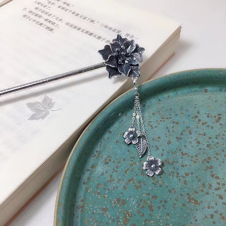 纯银999银发簪女心经复古风民族风做旧气质素簪步摇汉服盘发头饰