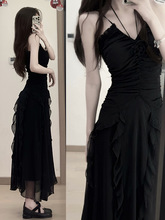 夏季新款超仙森系法式赫本风感长裙可甜可盐黑色吊带连衣裙子