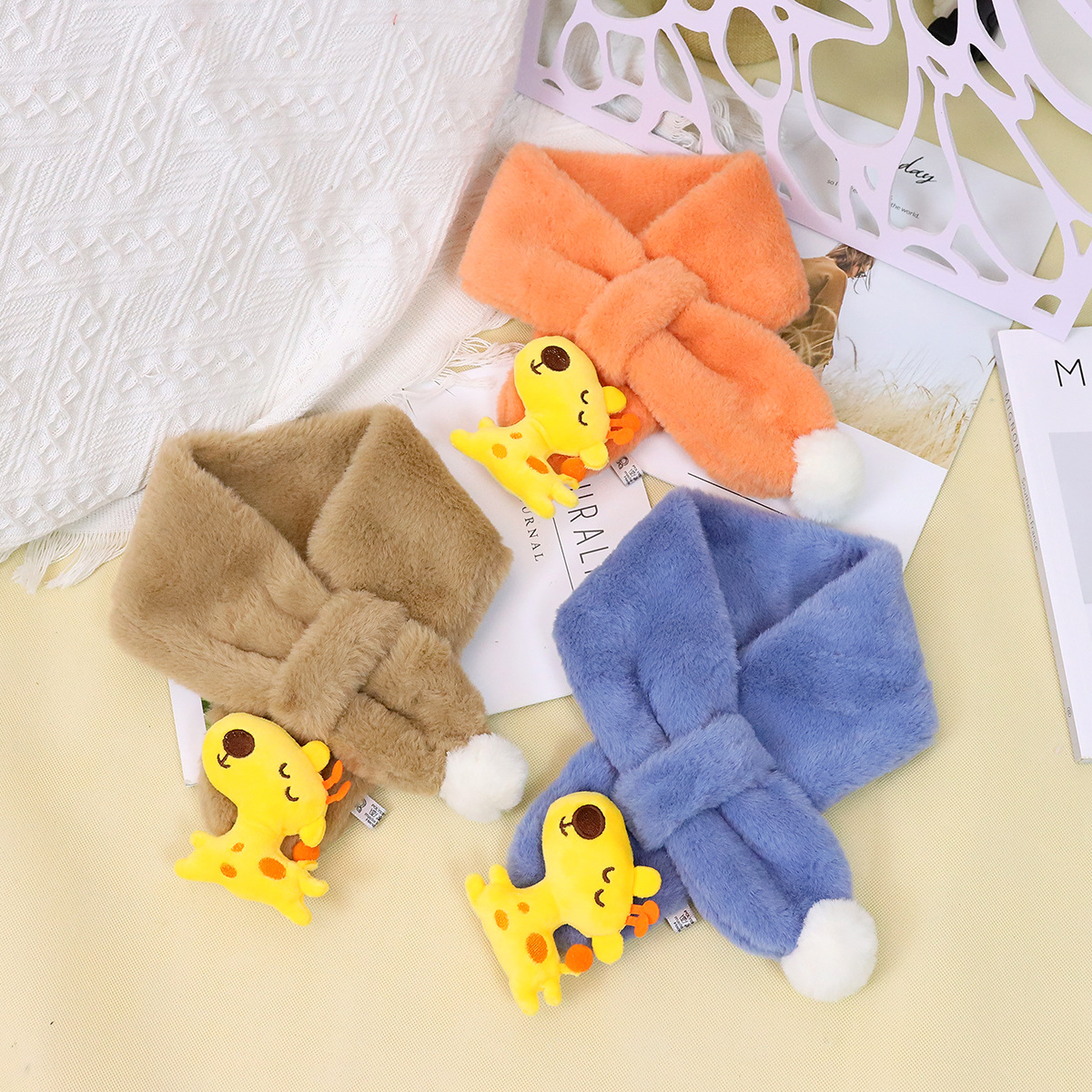 New Cute Cartoon Animal Children's Scarf Soft and Adorable Candy Color Double Ball Scarf Thickened Imitation Rabbit Fur Scarf Wholesale