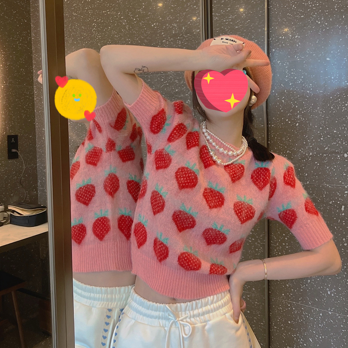 泫雅风甜美可爱马海毛草莓图案短款针织衫女时髦洋气修身短袖上衣